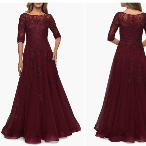 LA FEMME FLORAL LACE & TULLE BURGUNDY GOWN sz16 - Picture 1 of 4